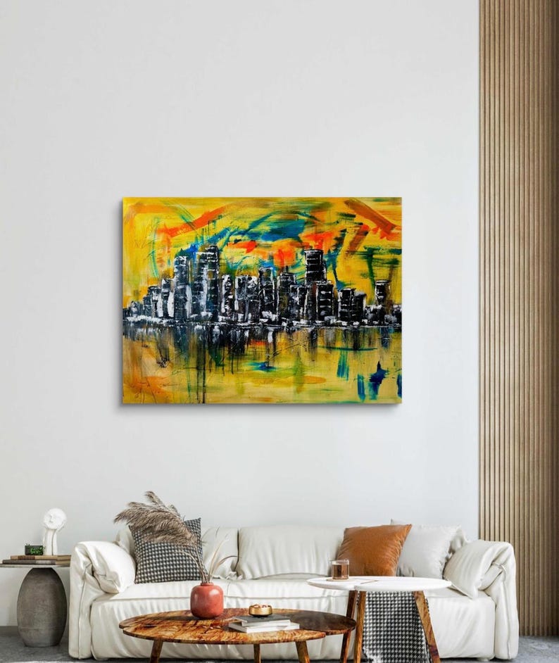 Stadt Skyline Kunst, Wandkunst Wohnzimmer, Wandkunst auf Leinwand, Wandkunst über dem Bett, Skyline Wandkunst, abstrakte Wandkunst, gemalt von blindem Künstler Bild 6