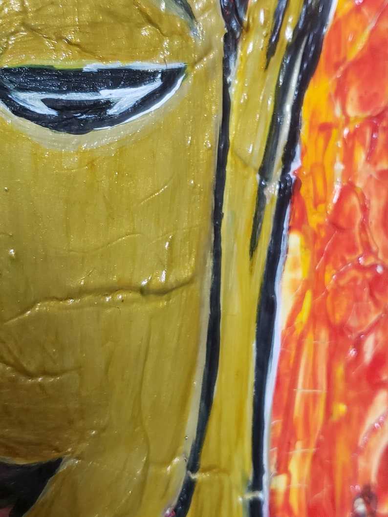 May include: Close-up of a painting with a textured, yellow background and a black line separating it from a red, orange, and yellow background.