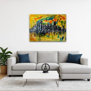 Stadt Skyline Kunst, Wandkunst Wohnzimmer, Wandkunst auf Leinwand, Wandkunst über dem Bett, Skyline Wandkunst, abstrakte Wandkunst, gemalt von blindem Künstler Bild 3