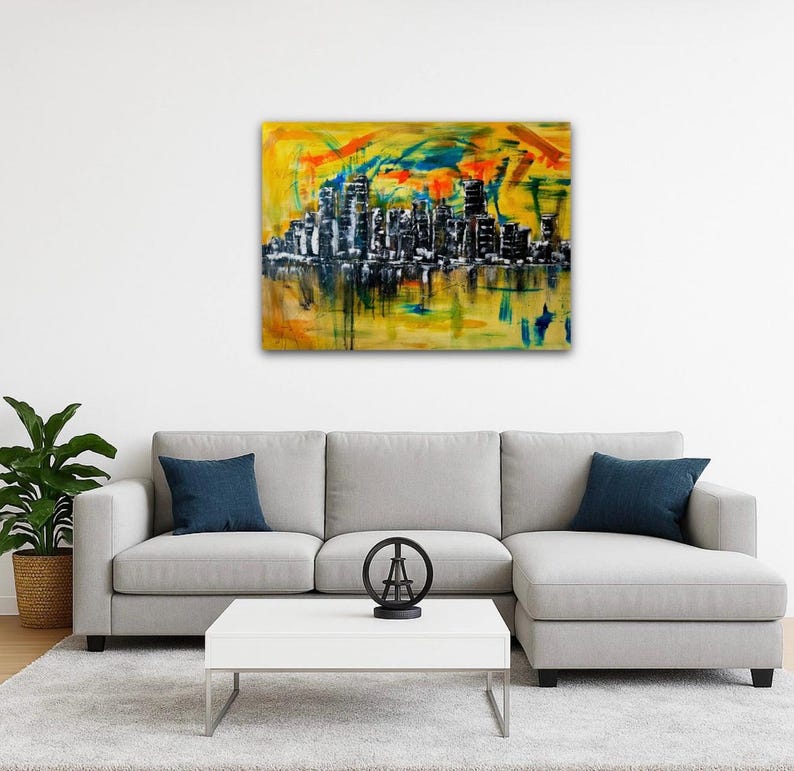 Stadt Skyline Kunst, Wandkunst Wohnzimmer, Wandkunst auf Leinwand, Wandkunst über dem Bett, Skyline Wandkunst, abstrakte Wandkunst, gemalt von blindem Künstler Bild 3