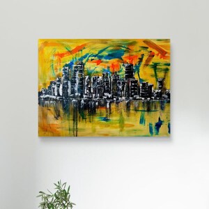 Stadt Skyline Kunst, Wandkunst Wohnzimmer, Wandkunst auf Leinwand, Wandkunst über dem Bett, Skyline Wandkunst, abstrakte Wandkunst, gemalt von blindem Künstler Bild 9