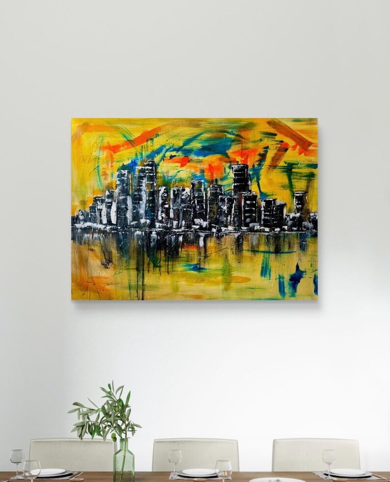 Stadt Skyline Kunst, Wandkunst Wohnzimmer, Wandkunst auf Leinwand, Wandkunst über dem Bett, Skyline Wandkunst, abstrakte Wandkunst, gemalt von blindem Künstler Bild 9