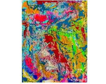 Può includere: Dipinto astratto con pennellate audaci di rosso, giallo, blu, verde e rosa. I colori sono sovrapposti e mescolati, creando una composizione dinamica ed energica.