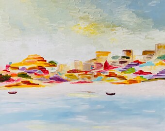 Abstrakte Wandkunst, Acrylbild, Wandkunst auf Leinwand, gemalt von einem blinden Künstler, Inspirational Art für Wohnzimmer, Stadtbild