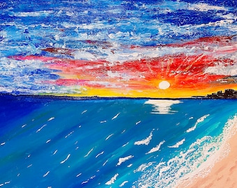 Ocean view Sunset Painting, Textured Painting, Sunset Wall Art, Ocean view Wall Art, Painted by a blind artist, Sunset Ocean view, Wall Art
