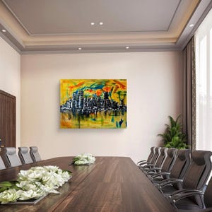 Stadt Skyline Kunst, Wandkunst Wohnzimmer, Wandkunst auf Leinwand, Wandkunst über dem Bett, Skyline Wandkunst, abstrakte Wandkunst, gemalt von blindem Künstler Bild 10