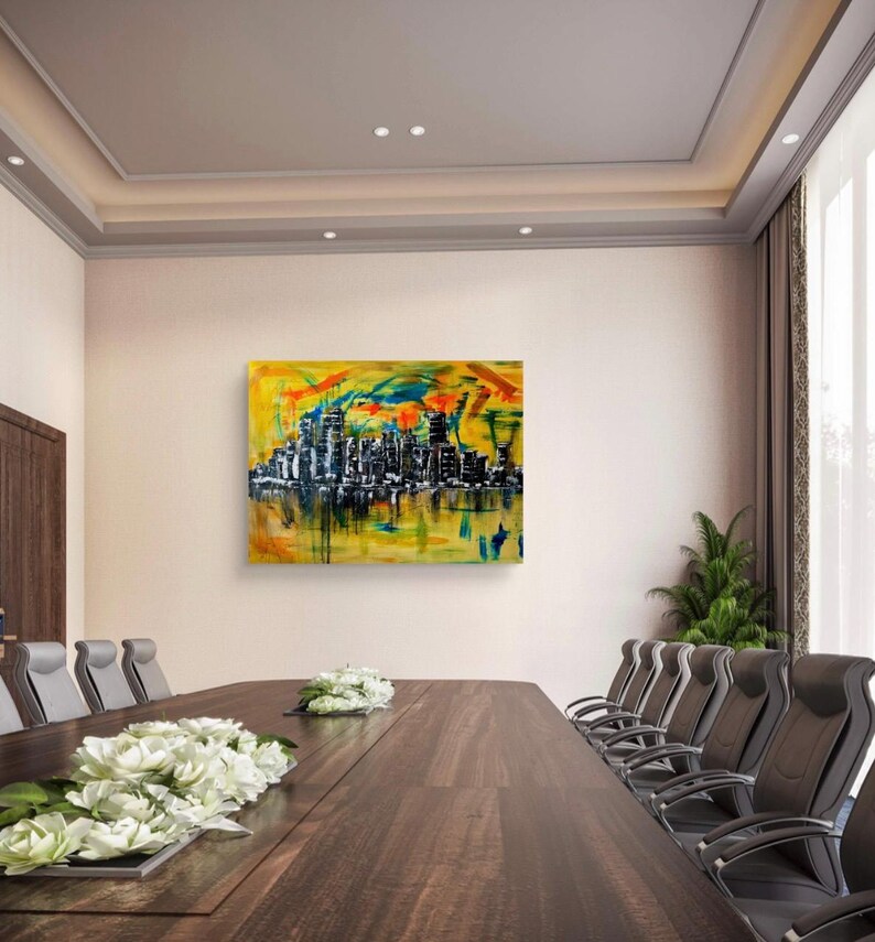 Stadt Skyline Kunst, Wandkunst Wohnzimmer, Wandkunst auf Leinwand, Wandkunst über dem Bett, Skyline Wandkunst, abstrakte Wandkunst, gemalt von blindem Künstler Bild 10