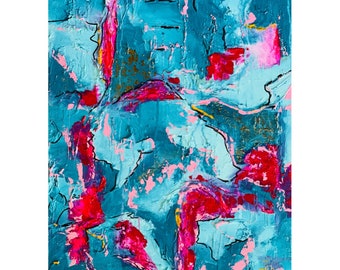 Può includere: Dipinto astratto con sfondo blu e vortici rosa e rossi. Il dipinto ha un aspetto testurizzato e ricorda un effetto marmorizzato.