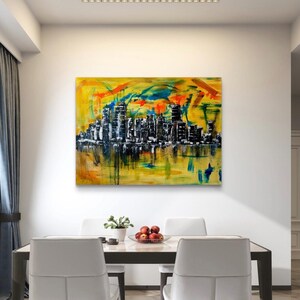 Stadt Skyline Kunst, Wandkunst Wohnzimmer, Wandkunst auf Leinwand, Wandkunst über dem Bett, Skyline Wandkunst, abstrakte Wandkunst, gemalt von blindem Künstler Bild 8