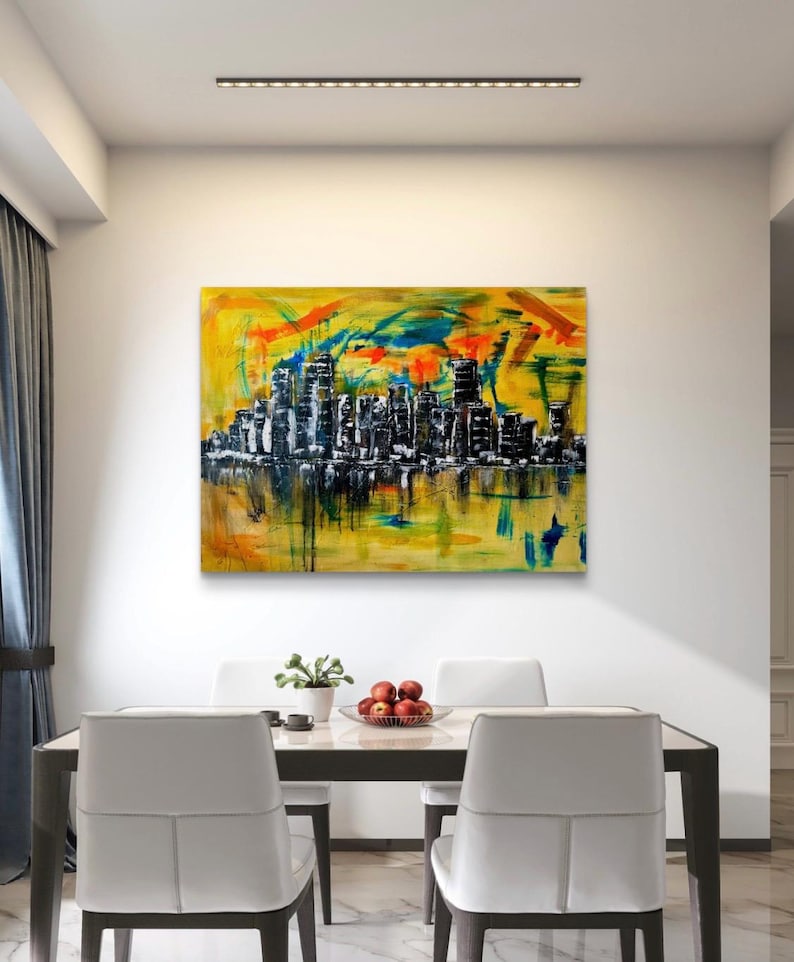 Stadt Skyline Kunst, Wandkunst Wohnzimmer, Wandkunst auf Leinwand, Wandkunst über dem Bett, Skyline Wandkunst, abstrakte Wandkunst, gemalt von blindem Künstler Bild 8