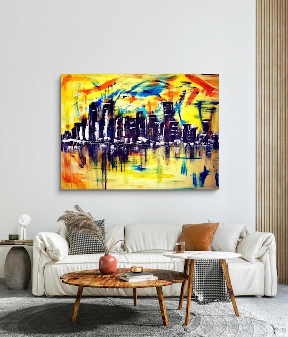 City Skyline Art, Wall Art Living Room, Wall Art on Canvas, Wall Art Above Bed, Skyline Wall Art, Abstract Wall Art, Painted by Blind Artist