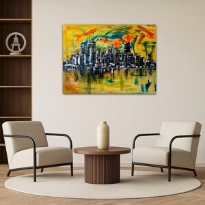 Stadt Skyline Kunst, Wandkunst Wohnzimmer, Wandkunst auf Leinwand, Wandkunst über dem Bett, Skyline Wandkunst, abstrakte Wandkunst, gemalt von blindem Künstler Bild 2