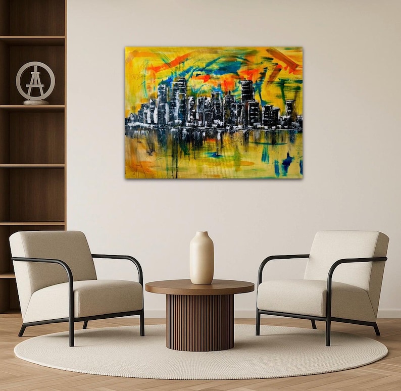 Stadt Skyline Kunst, Wandkunst Wohnzimmer, Wandkunst auf Leinwand, Wandkunst über dem Bett, Skyline Wandkunst, abstrakte Wandkunst, gemalt von blindem Künstler Bild 2