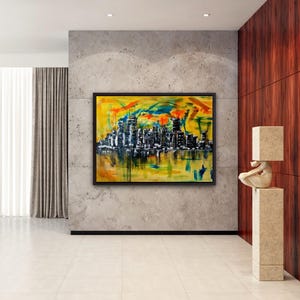 Stadt Skyline Kunst, Wandkunst Wohnzimmer, Wandkunst auf Leinwand, Wandkunst über dem Bett, Skyline Wandkunst, abstrakte Wandkunst, gemalt von blindem Künstler Bild 11