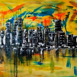 Stadt Skyline Kunst, Wandkunst Wohnzimmer, Wandkunst auf Leinwand, Wandkunst über dem Bett, Skyline Wandkunst, abstrakte Wandkunst, gemalt von blindem Künstler Bild 12