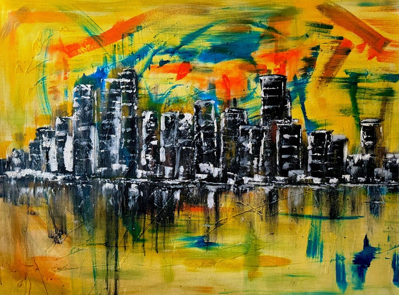 Stadt Skyline Kunst, Wandkunst Wohnzimmer, Wandkunst auf Leinwand, Wandkunst über dem Bett, Skyline Wandkunst, abstrakte Wandkunst, gemalt von blindem Künstler Bild 12