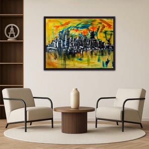 Stadt Skyline Kunst, Wandkunst Wohnzimmer, Wandkunst auf Leinwand, Wandkunst über dem Bett, Skyline Wandkunst, abstrakte Wandkunst, gemalt von blindem Künstler Bild 4