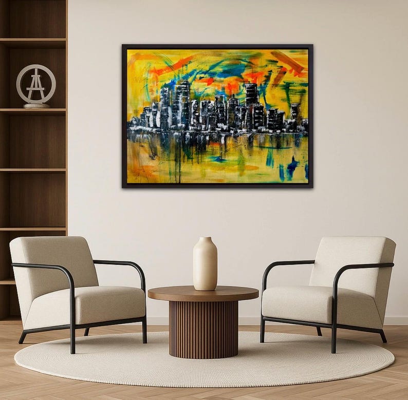 Stadt Skyline Kunst, Wandkunst Wohnzimmer, Wandkunst auf Leinwand, Wandkunst über dem Bett, Skyline Wandkunst, abstrakte Wandkunst, gemalt von blindem Künstler Bild 4