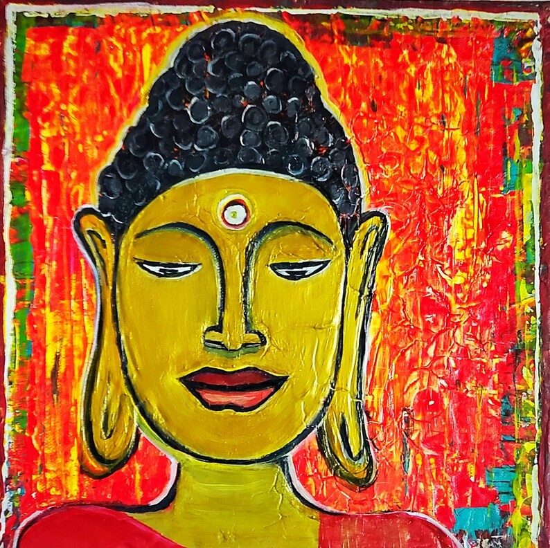 May include: A painting of a Buddha with a golden face and black hair. The background is a vibrant red, orange, and yellow.