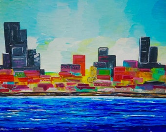 Abstrakte Stadt Malerei, Abstrakte Stadt Malerei, Große Leinwand, Abstrakte Kunst, Gemälde von einem Blinden Künstler, Blick auf die Stadt
