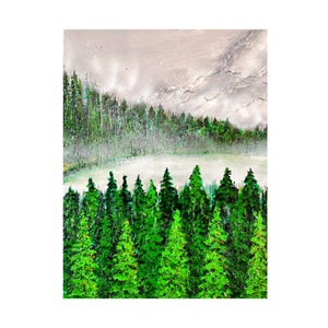 May include: A painting of a forest scene with a lake in the background. The trees are green and the lake is blue. The sky is gray and cloudy.