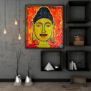 May include: A colorful abstract painting of a Buddha with a yellow face and a red, orange, and yellow background.