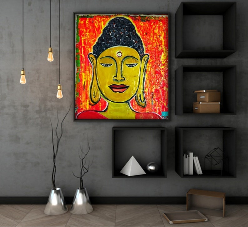 May include: A colorful abstract painting of a Buddha with a yellow face and a red, orange, and yellow background.
