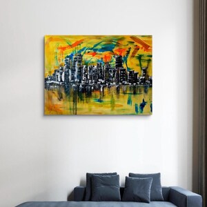 Stadt Skyline Kunst, Wandkunst Wohnzimmer, Wandkunst auf Leinwand, Wandkunst über dem Bett, Skyline Wandkunst, abstrakte Wandkunst, gemalt von blindem Künstler Bild 7