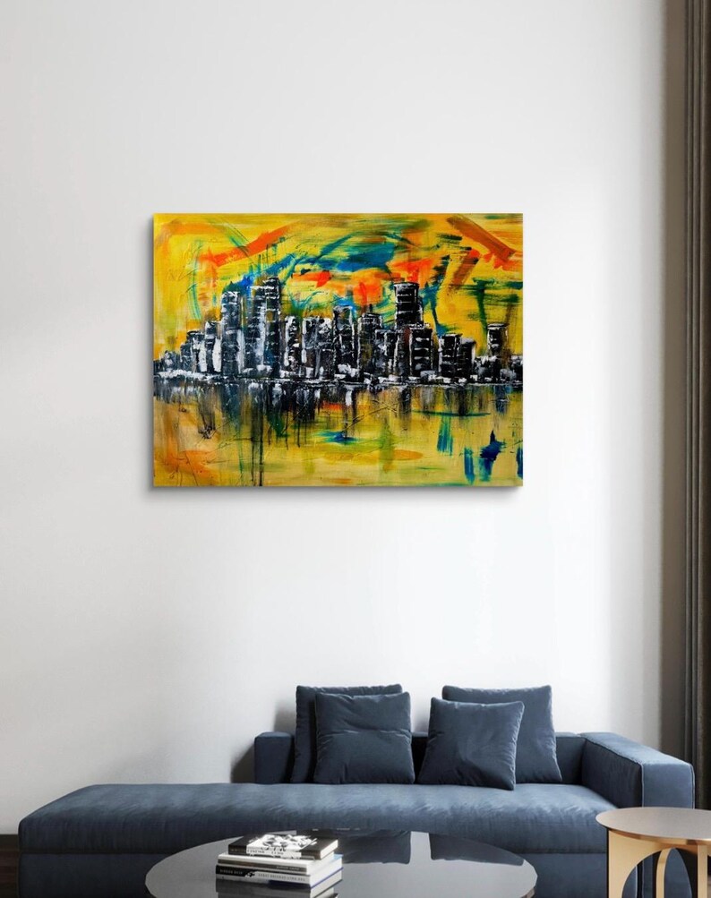 Stadt Skyline Kunst, Wandkunst Wohnzimmer, Wandkunst auf Leinwand, Wandkunst über dem Bett, Skyline Wandkunst, abstrakte Wandkunst, gemalt von blindem Künstler Bild 7