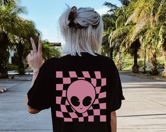 Alien T Shirt Checkers Shirt Alien Outfit UFO Shirt Space Cowgirl Rave Top Preppy Shirt Shirts That Go Hard Retro Alien Head Vintage Shirt