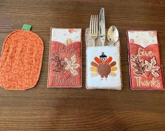 Utensil Holders Fall & Thanksgiving - Give Thanks, Turkey, Pumpkins - Set of 4