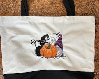 Canvas Tote Bag - Gnome - Halloween Gnome, Cat and Spider Web