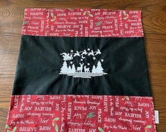 Pillow Cover, Pillow Sleeve - Quilted Embroidered Fabric - Christmas - Santa's Flight Winter Scene