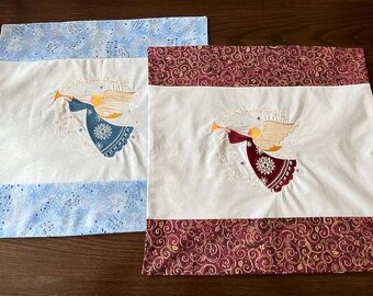 Pillow Cover, Pillow Sleeve - Quilted Embroidered Fabric - Christmas - Hark the Harold Angels Sing