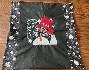 Pillow Cover, Pillow Sleeve - Quilted Embroidered Fabric - Christmas - Blustery Winter Snowman