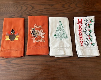 Reversible Folded Fabric Embroidered Napkins for Thanksgiving & Christmas dinner placement, table setting - Set of 4