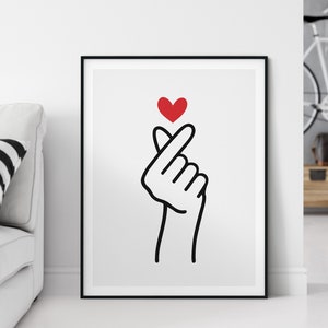 Corazón del dedo, póster, arte de pared imprimible, impresiones de arte, arte minimalista, corazón, impresiones de arte de pared, arte moderno de la pared, arte imprimible, BTS, amor