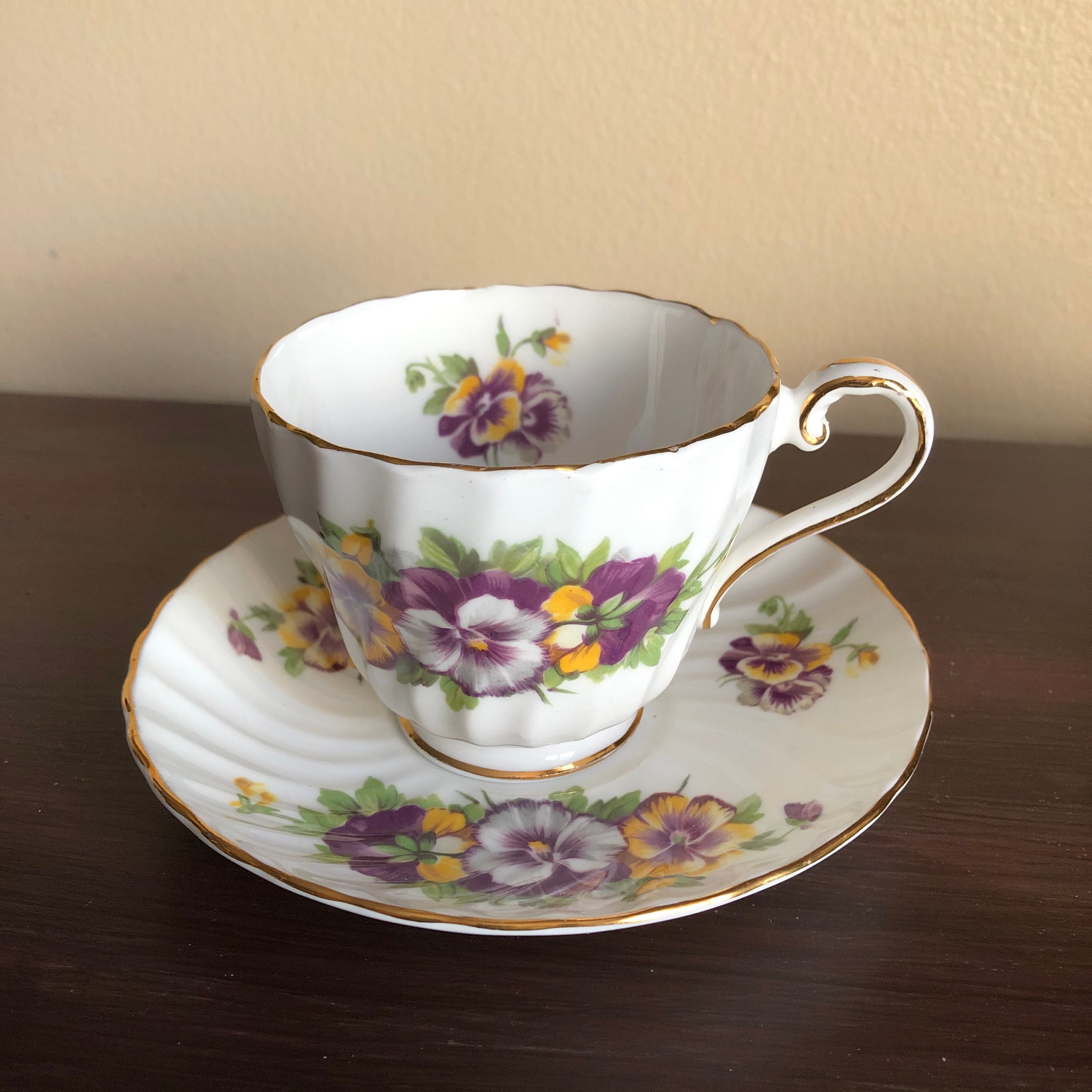 Ansley Tea Cup and Saucer England Bone China Purple Yellow Etsy