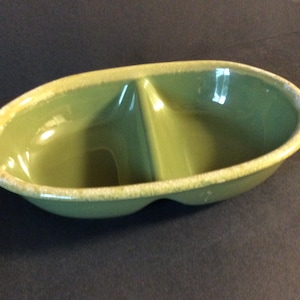 Vintage Hull Pottery Avocado Green Divided Serving Bowl USA Drip Glaze