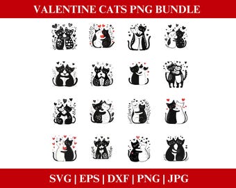 May include: A set of 16 black and white Valentine's Day cat illustrations. The cats are in various poses, including cuddling, sitting, and standing. Each cat has a heart-shaped nose and a small heart on its chest. The illustrations are perfect for creating Valentine's Day cards, invitations, and other crafts.