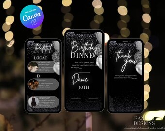 Convite digital para jantar de aniversário, convite animado para festa de aniversário digital em vídeo, modelo Canva para jantar de aniversário de prata, download digital