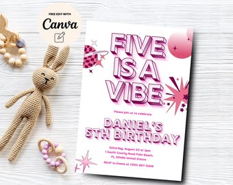 Five Is A Vibe 5th Birthday Invite, Modern Y2k Purple Groovy Invite, Girl 5th Birthday Invite, Retro Party, Canva Template, Digital Download