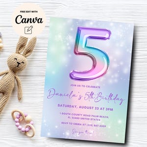 Bearbeitbare Einladung zum 5. Geburtstag Glitzer5. Geburtstagseinladung Bearbeitbare Mädcheneinladung Regenbogen Canva-Vorlage, digitaler Download