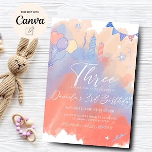 Rainbow Pastel 3rd Birthday Invitation, Pastel Birthday Party Invite, Watercolor Third Birthday, Canva Template, Digital Download