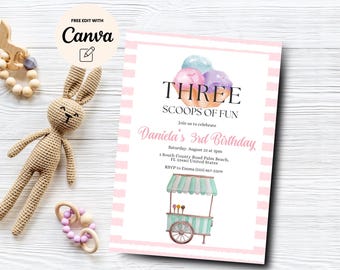 Helado de tres bolas de diversión, invitación para fiesta de tercer cumpleaños, helado de tercer cumpleaños, plantilla de invitación en colores pastel de Canva, descarga digital