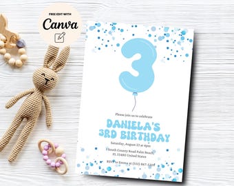 Editable Blue Balloon 3rd Birthday Invitation, Blue Balloon Party Invite, 3rd Birthday Party Invite, Canva Template, Digital Download