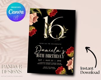 Floral 16th Birthday Invite, Garden Birthday 16th Birthday Invitation, Girl 16th Birthday Invite Canva Template, Digital Download