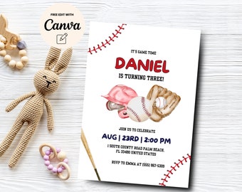 Baseball Party Einladung Vorlage Moderner Baseball Junge Geburtstag, 3. Geburtstagsfeier, sofortiger Download, Canva Vorlage, digitaler Download
