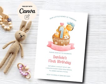 Bee 1st Birthday Invitation Our Little Honey First Birthday Invitation Bee Birthday Invite Bee Birthday Canva Template, Digital Download