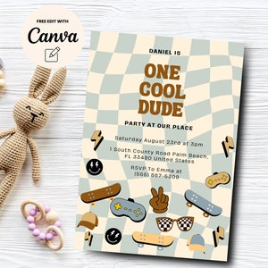 One Cool Dude Invitation Template, Boy 1st Birthday Party Invite, Retro Checkered Skateboard Invitation, Canva Editable, Digital Download